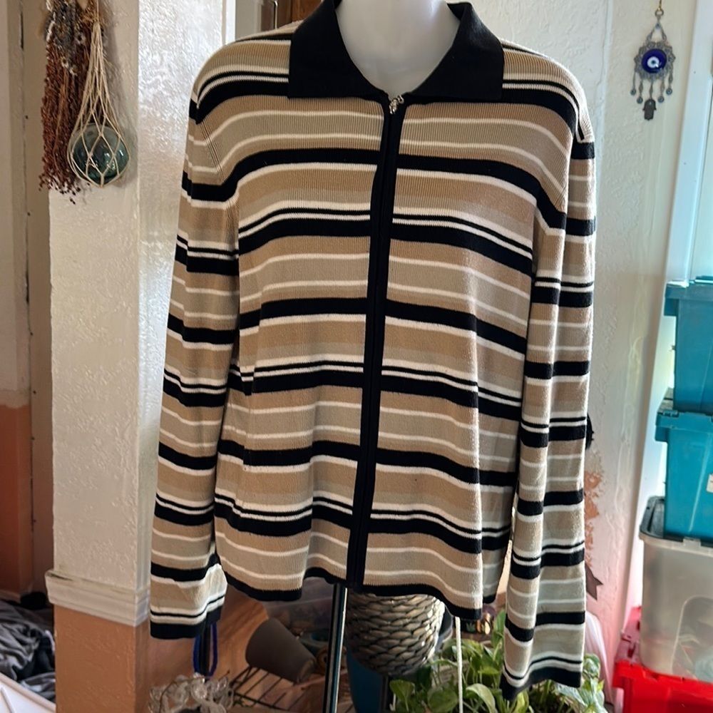World Republic Full Zip Cardigan Size Large L Black White Beige Long Sleeve